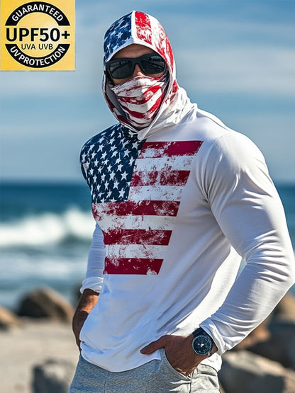 Men's Outdoor Sun Protection Breathable Cool Mask American Flag Print Hooded Sun Protection Long Sleeve Top