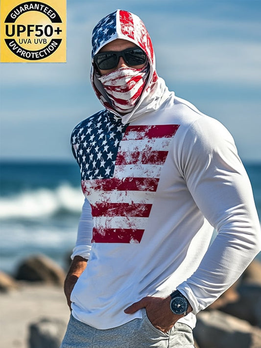 Men's Outdoor Sun Protection Breathable Cool Mask American Flag Print Hooded Sun Protection Long Sleeve Top