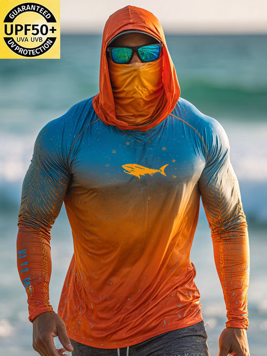 Men's Outdoor Sun Protection Breathable Cool Face Mask Hooded Printed Long-Sleeved Top