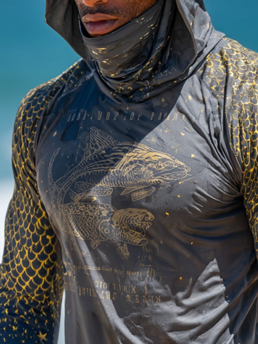 Men's Outdoor Sun Protection Breathable Cool Face Mask Hooded Printed Long-Sleeved Top