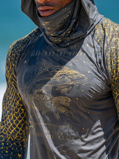 Men's Outdoor Sun Protection Breathable Cool Face Mask Hooded Printed Long-Sleeved Top