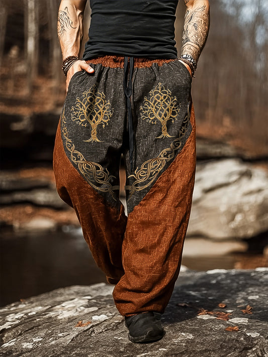 Viking Mythology Yggdrasil Celtic Knot Two-Tone Patchwork Print Cotton-Linen Pants