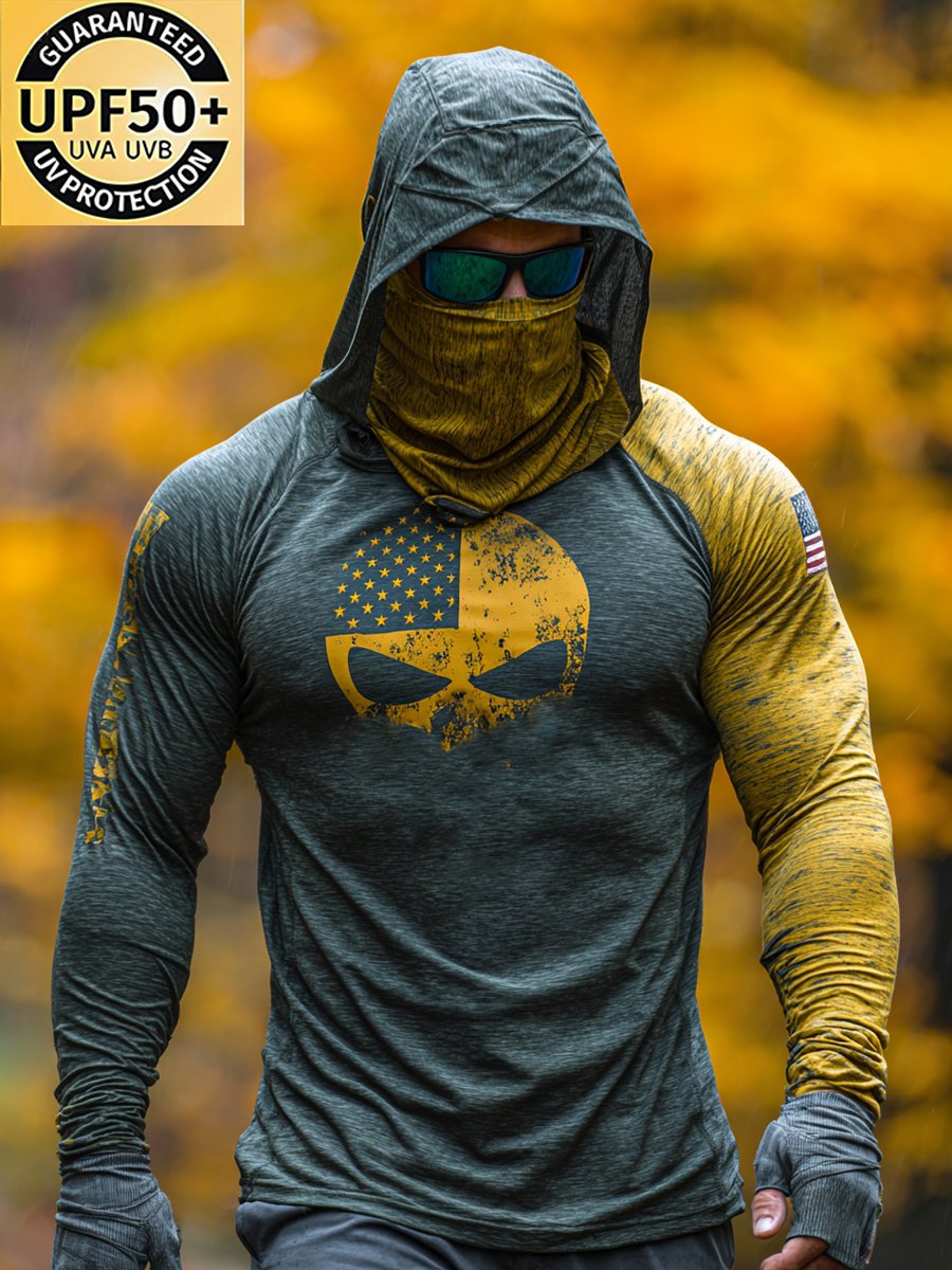Men's Retro Outdoor Sun Protection Breathable Cooling Mask Hooded Sun Protection Long Sleeve Top