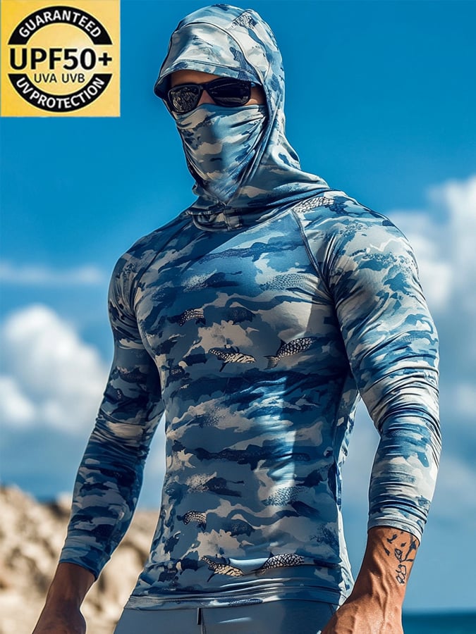 Men's Outdoor Sun Protection Breathable Cool Hooded Sun Protection Long-Sleeved Top