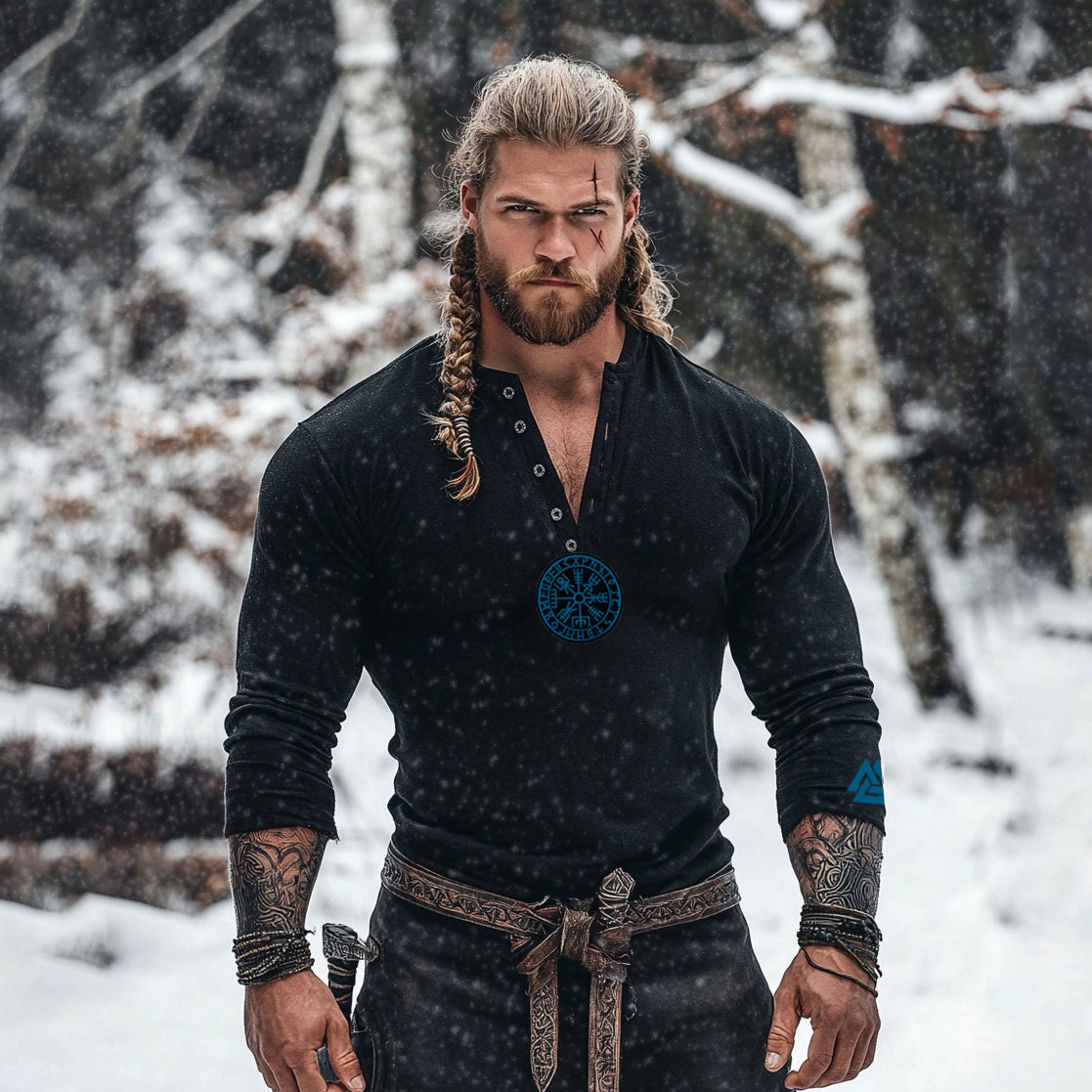 Men's Tribal Viking Runes Graphics Henley Collar Long Sleeves Basic T-shirt
