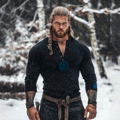 Men's Tribal Viking Runes Graphics Henley Collar Long Sleeves Basic T-shirt