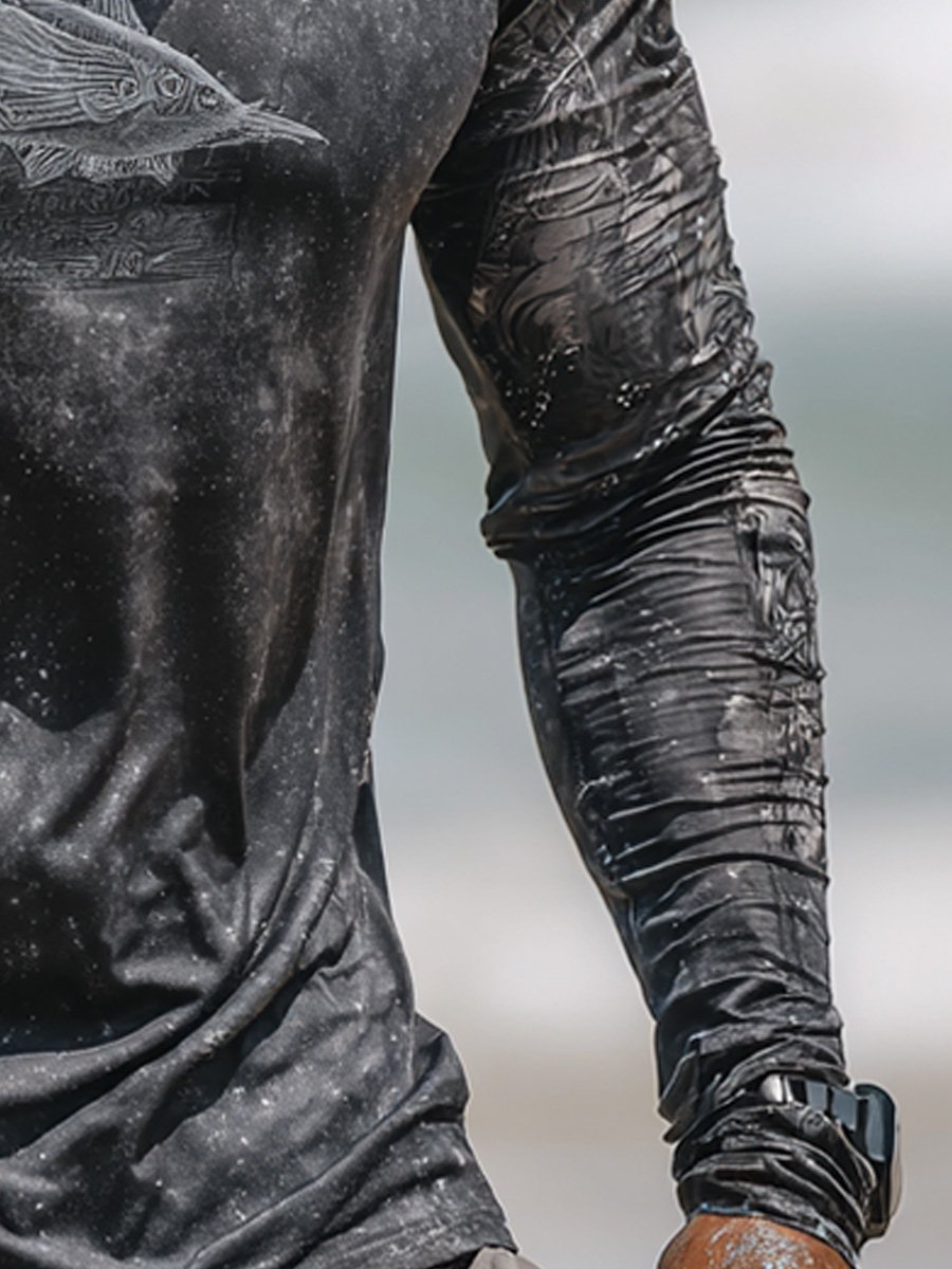 Men's Outdoor Sun Protection Breathable Cool Face Mask Hooded Printed Long-Sleeved Top