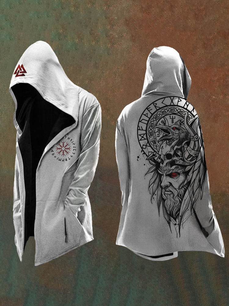 Men's Nordic Mythology Vikings Printed Odin Totem Vintage Hooded Jacket