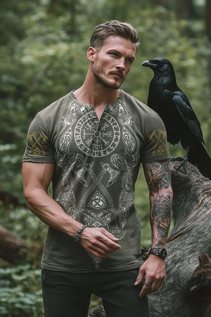 Men's Viking Totem Axe Compass Pattern Casual Short Sleeve