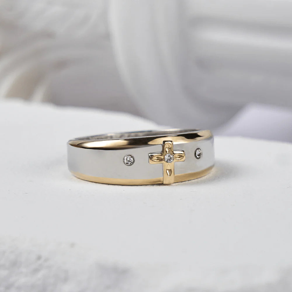 Modern Style Two-tone Gold Cross Alloy Ring(Made in Holy Land)