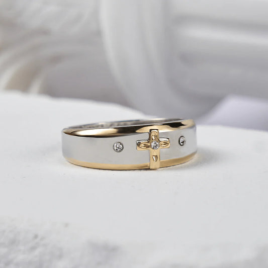 Modern Style Two-tone Gold Cross Alloy Ring(Made in Holy Land)