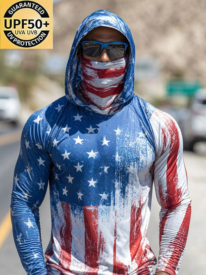 Men's Outdoor Sun-Protective Breathable and Cooling Long Sleeve Hoodie with Flag Print