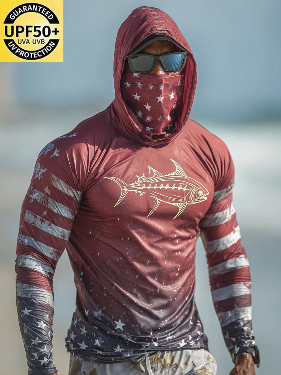 Men's Outdoor Sun Protection Breathable Cool Face Mask Hooded Printed Long-Sleeved Top