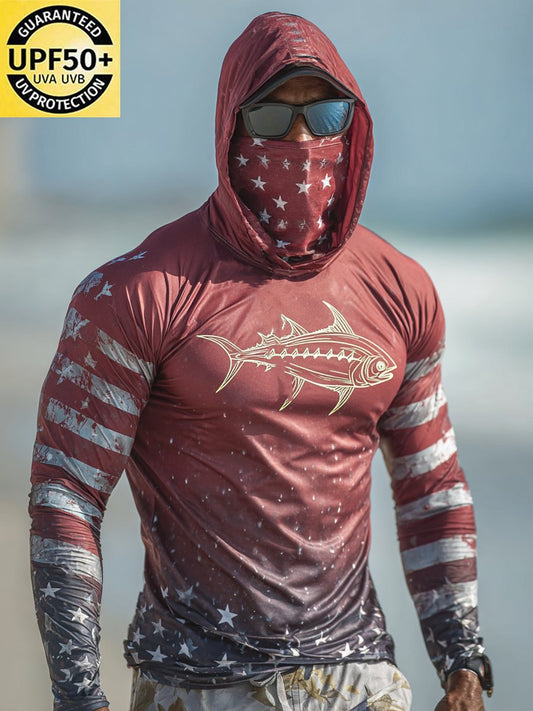 Men's Outdoor Sun Protection Breathable Cool Face Mask Hooded Printed Long-Sleeved Top
