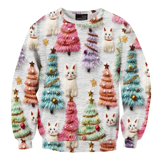 Unisex Christmas Tree Cat Print Ugly Christmas Sweater