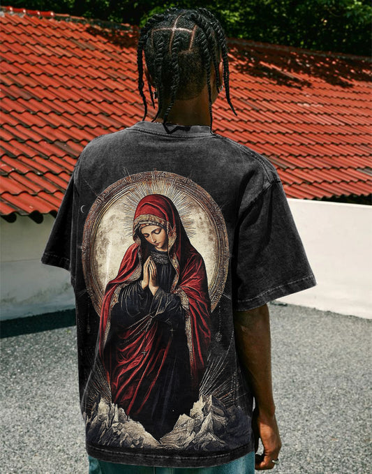 Praying Virgin Mary Mountain Printed Men's Washed Tee