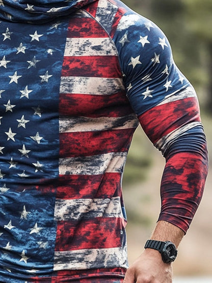 Men's Outdoor Sun Protection Breathable Cool Mask American Flag Print Hooded Sun Protection Long Sleeve Top