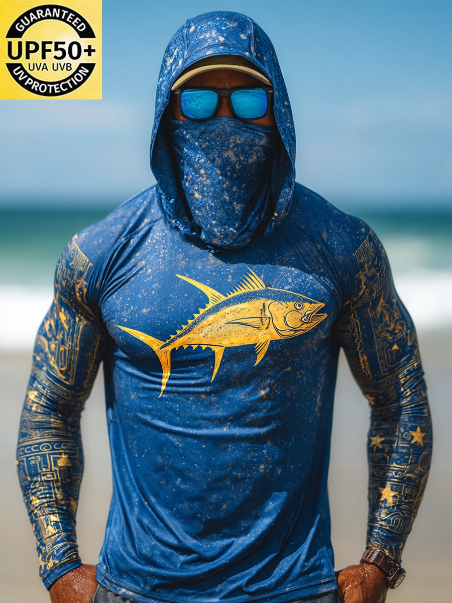 Men's Outdoor Sun Protection Breathable Cool Face Mask Hooded Printed Long-Sleeved Top