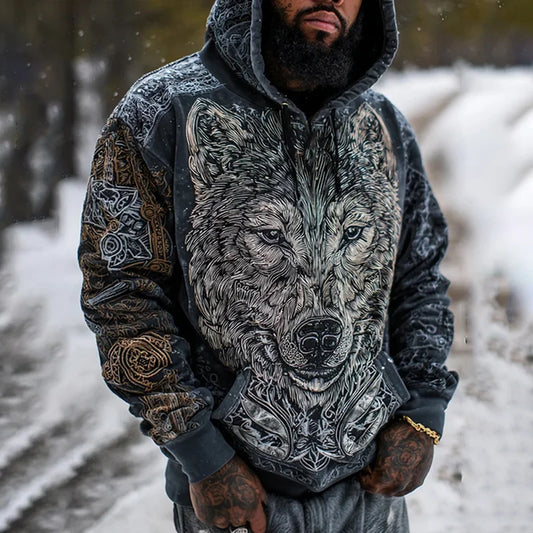 Men's Viking Retro Wolf Hoodie