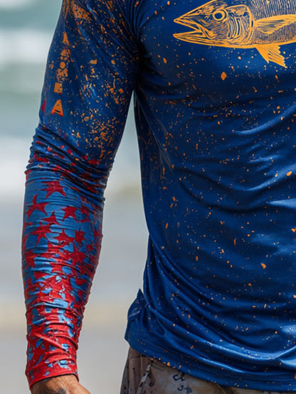Men's Outdoor Sun Protection Breathable Cool Face Mask Hooded Printed Long-Sleeved Top