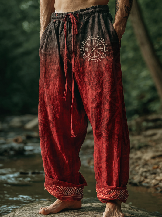 Men's Viking Raven Golden Rune Retro Nordic Casual Linen Pants
