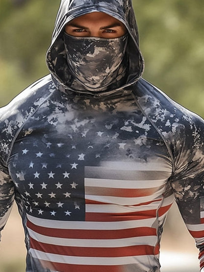 Men's Outdoor Sun Protection Breathable Cool Mask American Flag Print Hooded Sun Protection Long Sleeve Top