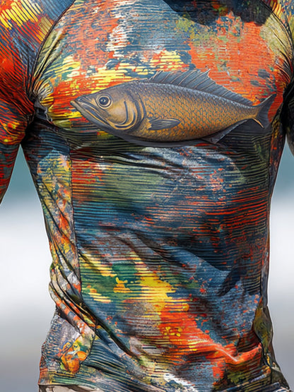 Men's Outdoor Sun Protection Breathable Cool Face Mask Hooded Printed Long-Sleeved Top