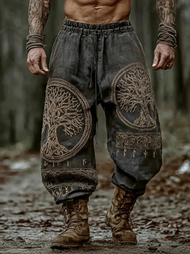 Classic Rune & Celtic Knot Printed Viking Yggdrasil Minimalist Cotton-Linen Pants