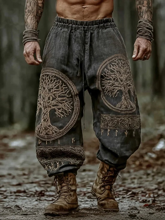 Classic Rune & Celtic Knot Printed Viking Yggdrasil Minimalist Cotton-Linen Pants
