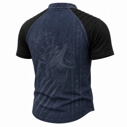 Men's Vintage Wolf Graphic Lace-Up Henley T-Shirt - Norse Print Short Sleeve Tee