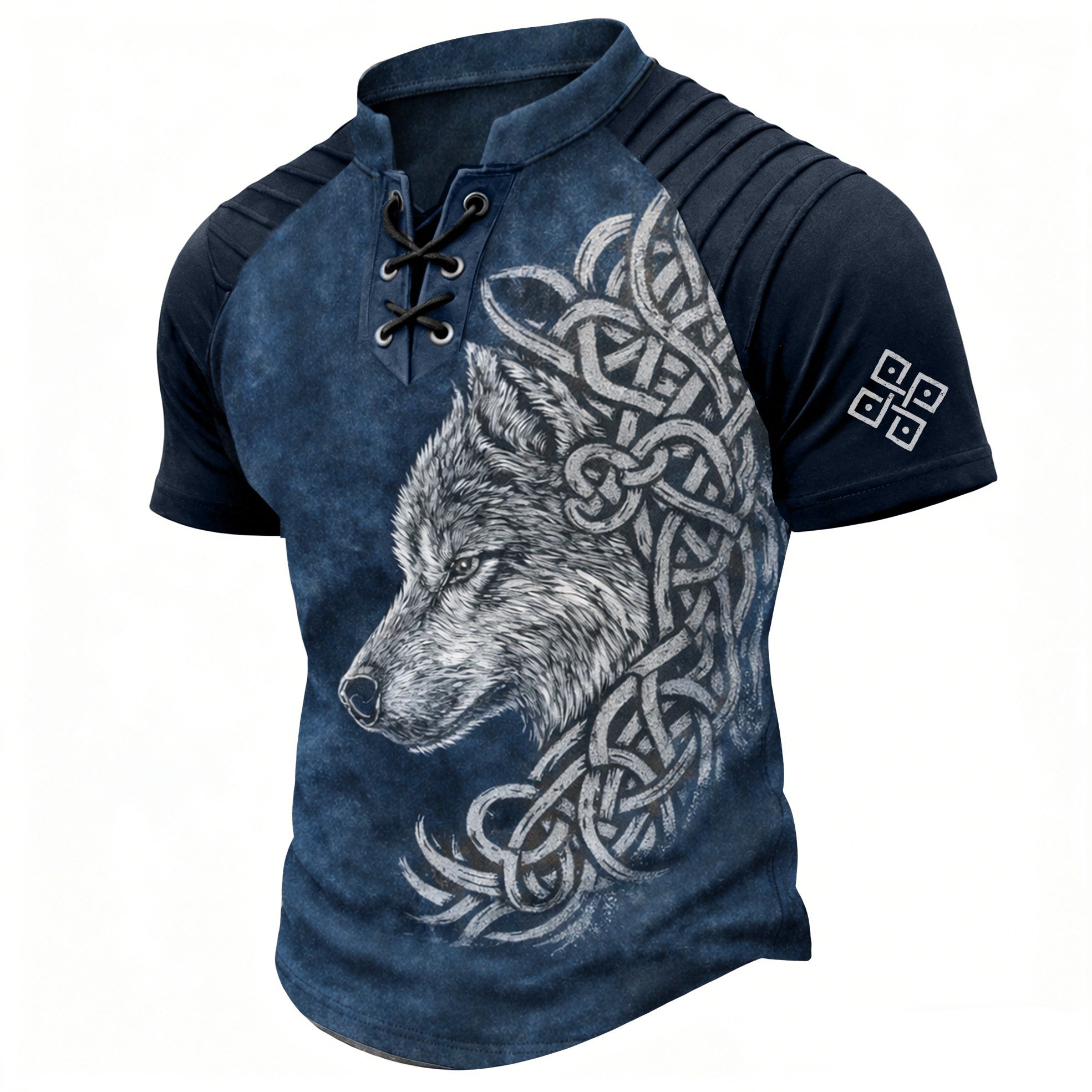 Men's Wolf Celtic Knot Print Distressed Blue Lace-Up Henley Shirt - Pleated Short Sleeve