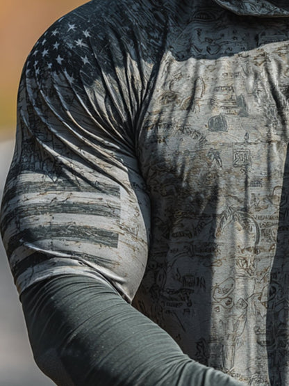 Men's Retro Print Outdoor Sun Protection Breathable Cool Mask Hooded Sun Protection Long Sleeve Top