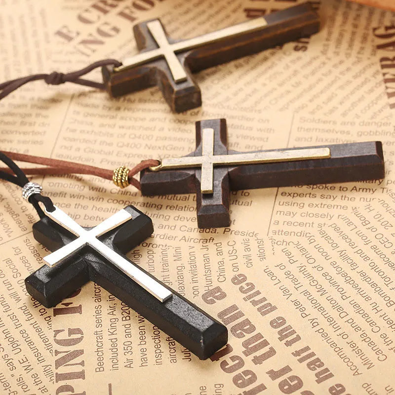Alloy Splicing Wood Cross Pendant Necklace