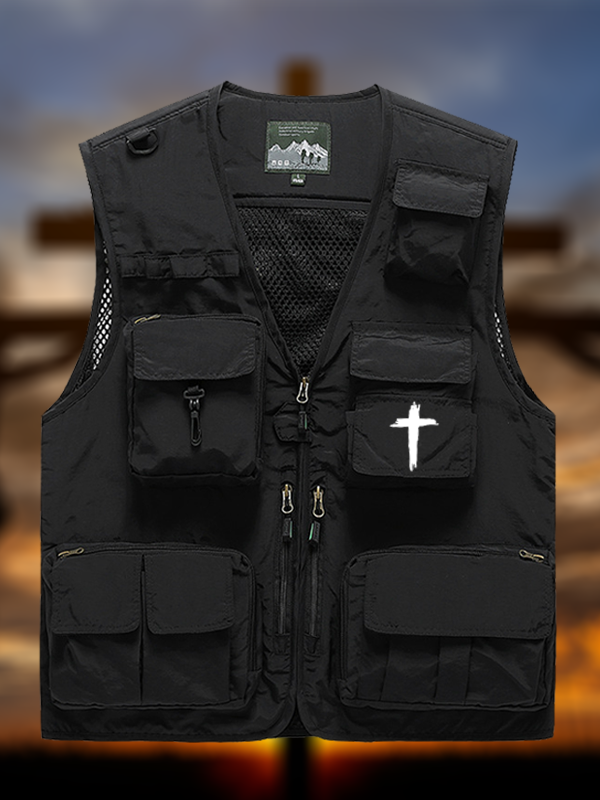 Cross Printed Jesus God Christian Detachable Outdoor Fishing & Hiking Vest