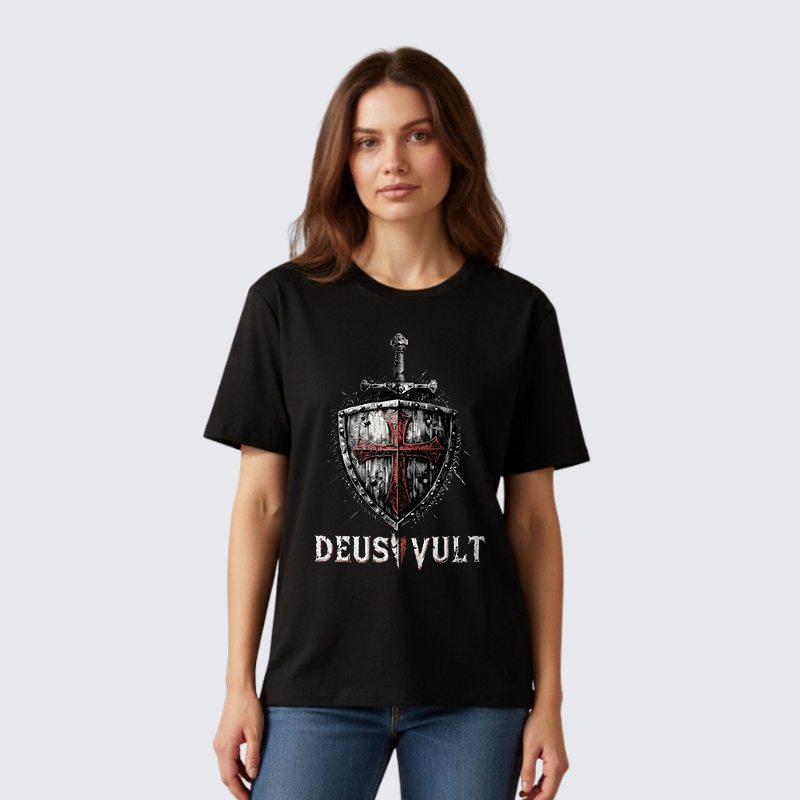 Luxe Mercerized Cotton Tee - Deus Vult Crusader Shield Templar Cross