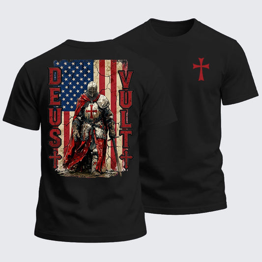 Heavyweight Cotton Tee - Deus Vult Knight Templar American Flag Crusader