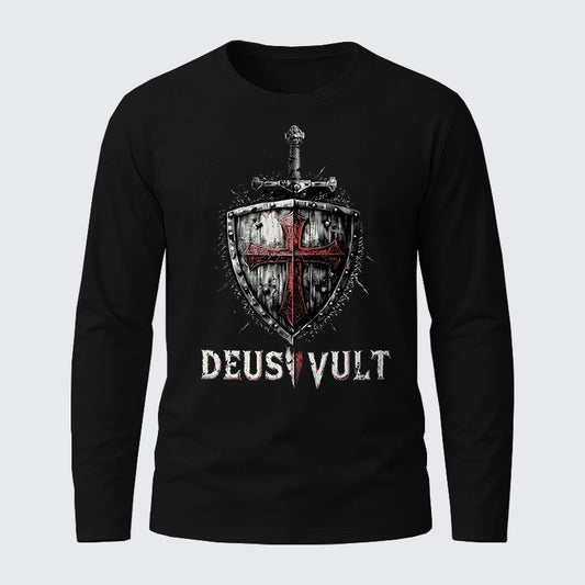 Deus Vult Crusader Shield Templar Cross Cotton Long Sleeve T-Shirt
