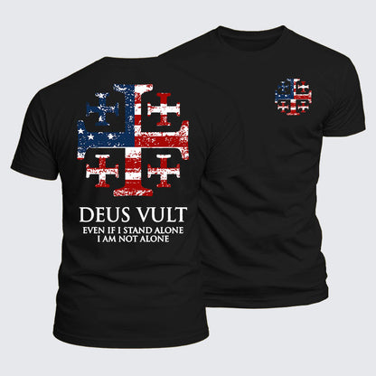 Luxe Mercerized Cotton Tee - Deus Vult Jerusalem Cross Usa Flag Even If I Stand Alone, I Am Not Alone