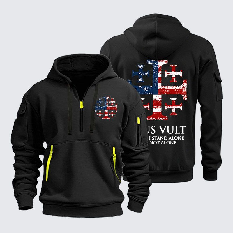 Zipper Hoodies -  Deus Vult Jerusalem Cross Usa Flag Even If I Stand Alone, I Am Not Alone