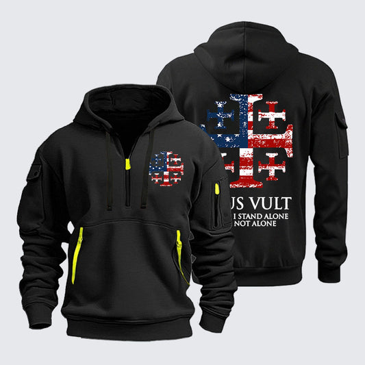 Zipper Hoodies -  Deus Vult Jerusalem Cross Usa Flag Even If I Stand Alone, I Am Not Alone