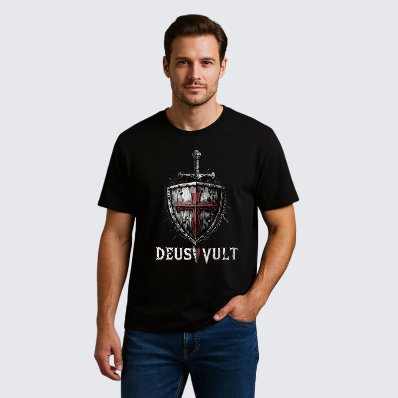 Luxe Mercerized Cotton Tee - Deus Vult Crusader Shield Templar Cross