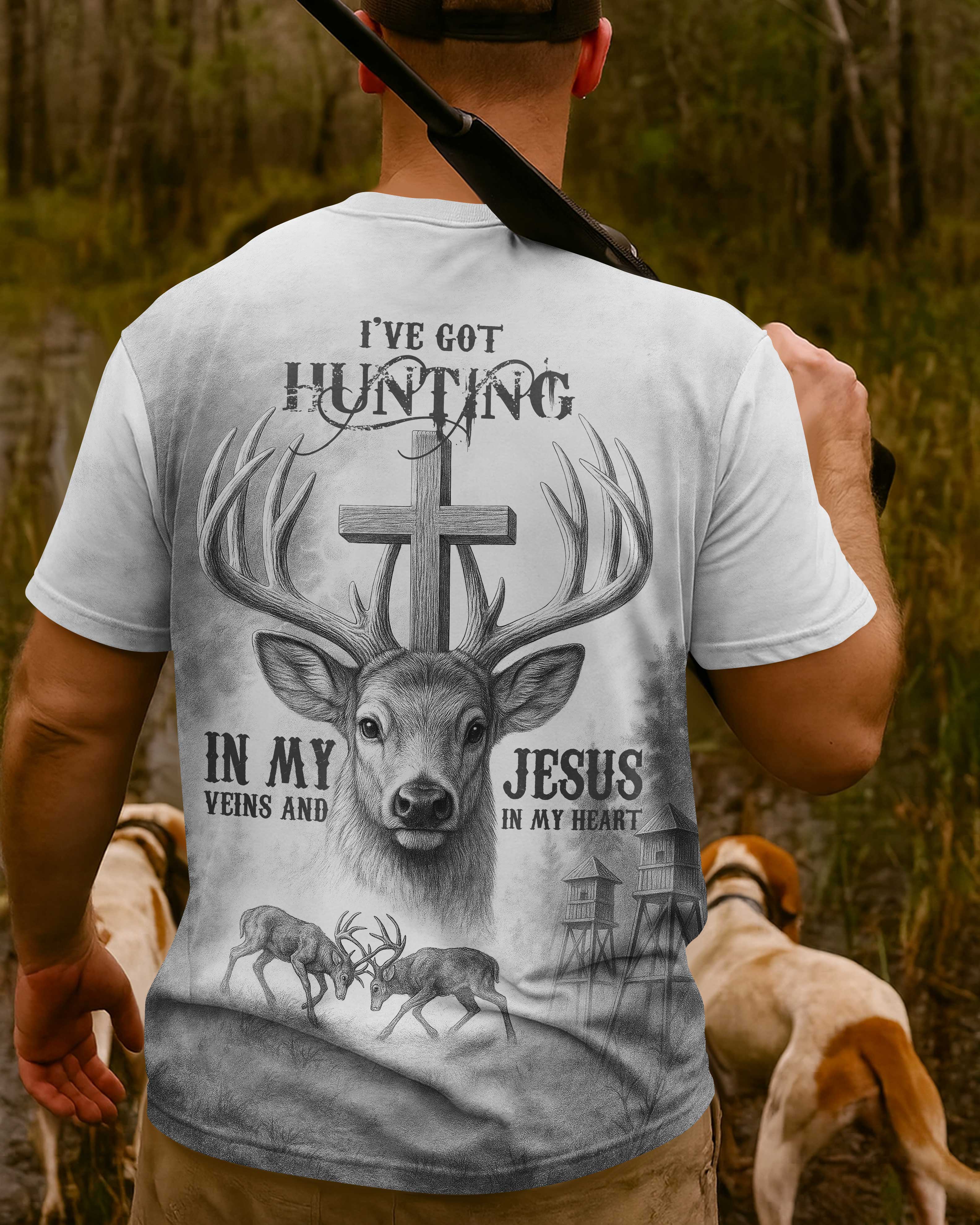 I've Got Hunting In My Veins And Jesus In My Heart All Over Print Grey T-Shirt