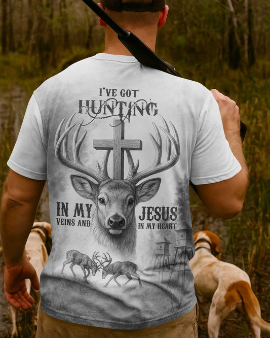 I've Got Hunting In My Veins And Jesus In My Heart All Over Print Grey T-Shirt