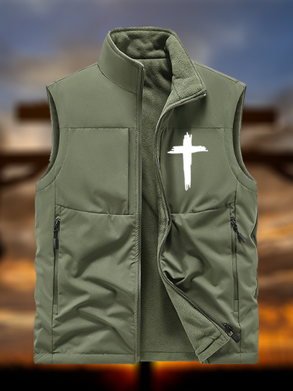 Cross Print Reversible Outdoor Fleece-Lined Multi-Pocket Vest