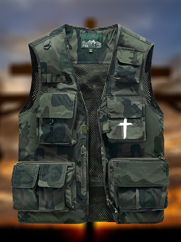 Cross Printed Jesus God Christian Detachable Outdoor Fishing & Hiking Vest