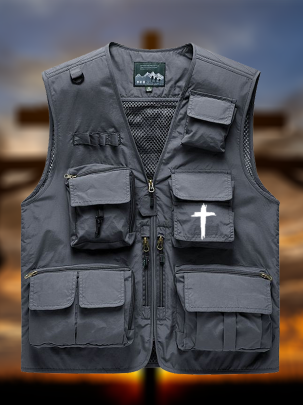 Cross Printed Jesus God Christian Detachable Outdoor Fishing & Hiking Vest