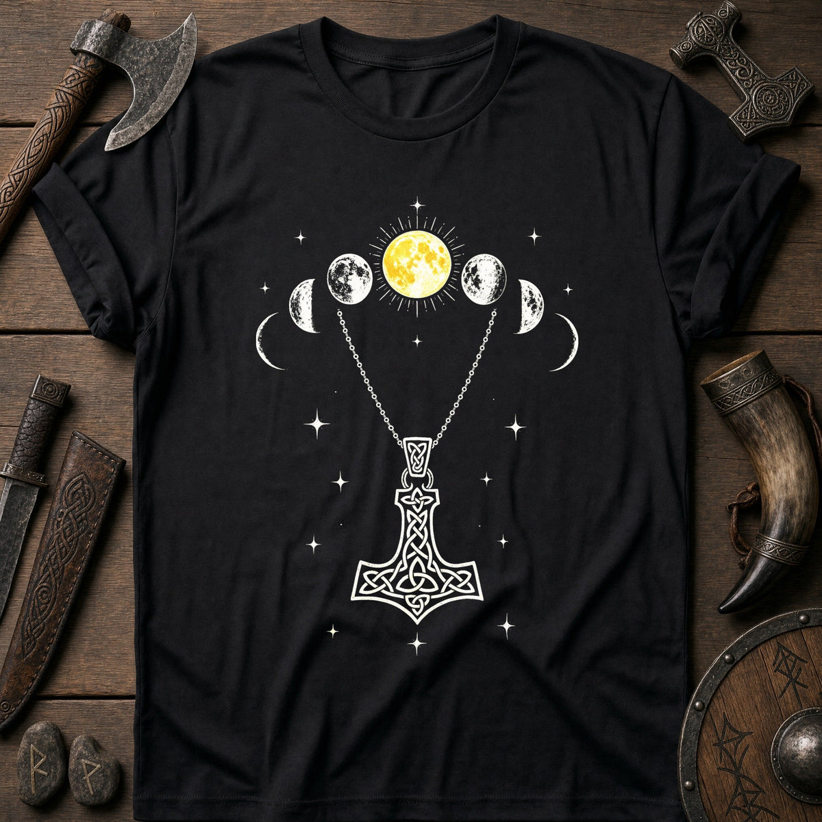 Moon Phases Over Mjolnir Viking T-Shirt US