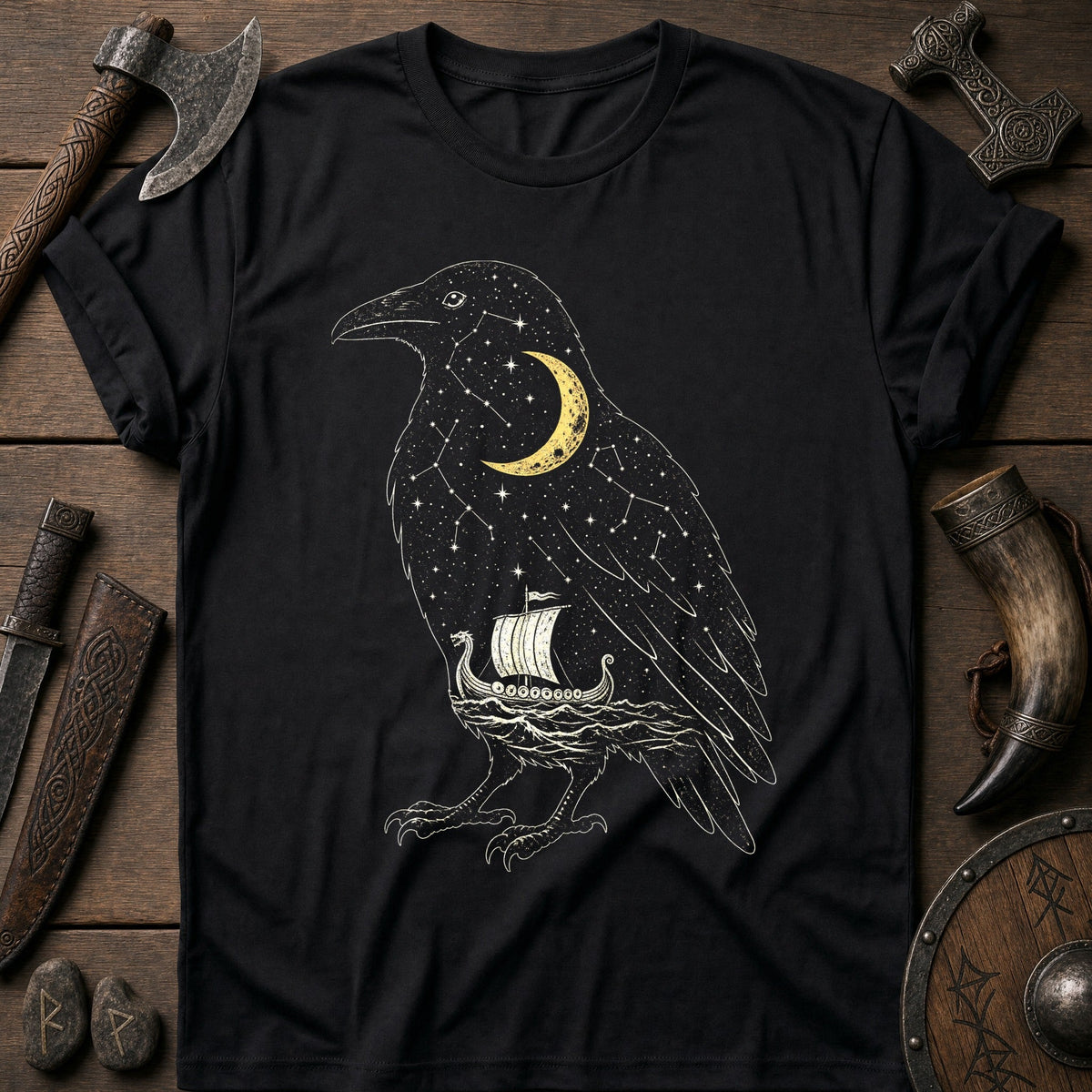 Raven Filled With Night Sky Viking T-Shirt US