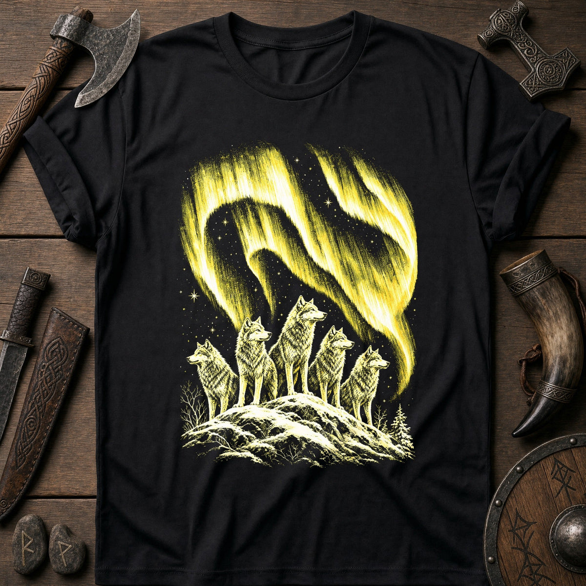 Wolfpack Under Amber Aurora Viking T-Shirt US