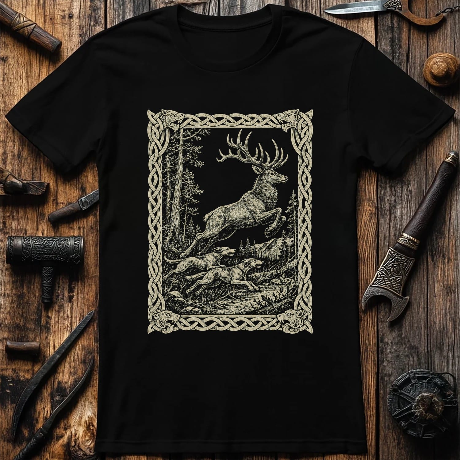 Knotwork Frame Stag Hunt Viking T-Shirt EU